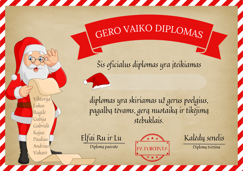 Gero vaiko diplomas, Senelio mėgstamiausių sausainių receptas, pasiruošimas Kalėdų Senelio atėjimui, užduotėlės